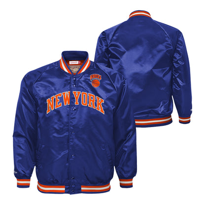 Mitchell & Ness Youth Knicks Satin Jacket In Blue - Front & Back View