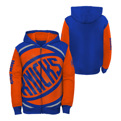 Youth Knicks Oversized Logo Full Zip Hoodie In Orange & Blue - Front & Back View