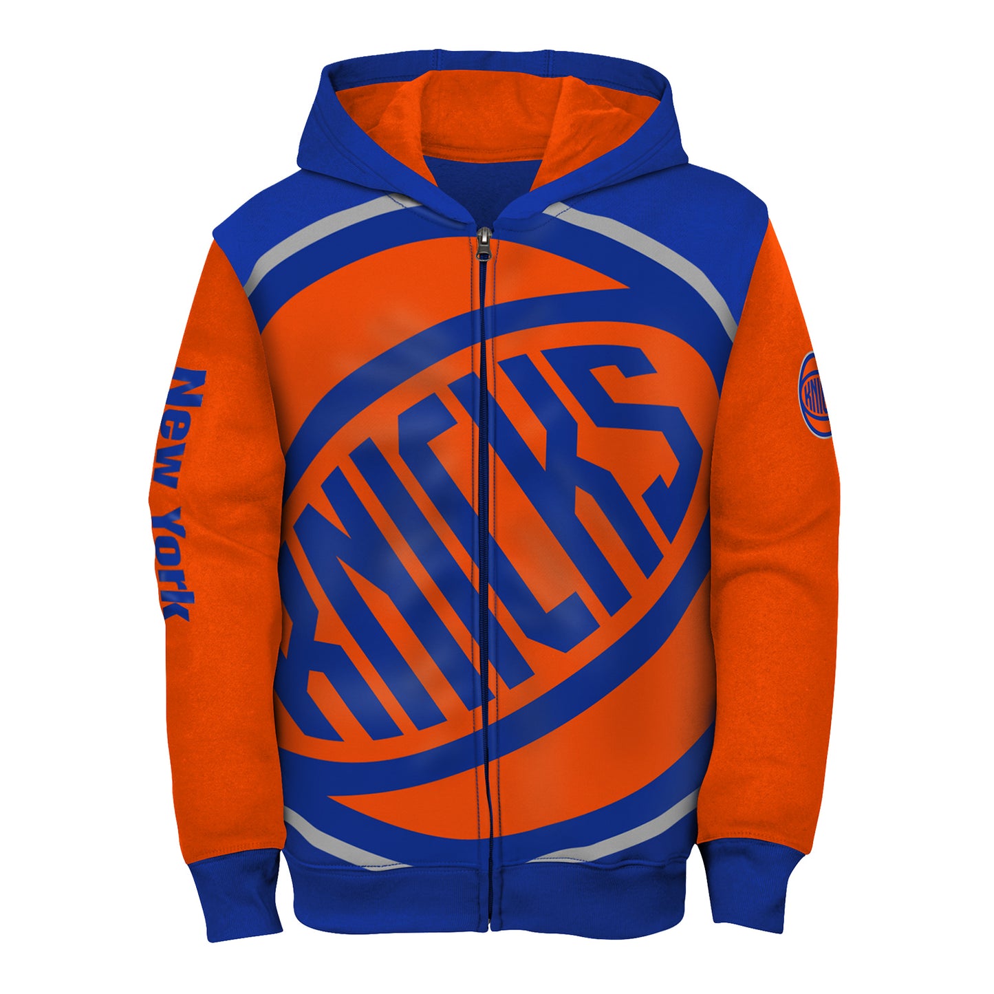 Youth Knicks Oversized Logo Full Zip Hoodie In Orange & Blue - Front View