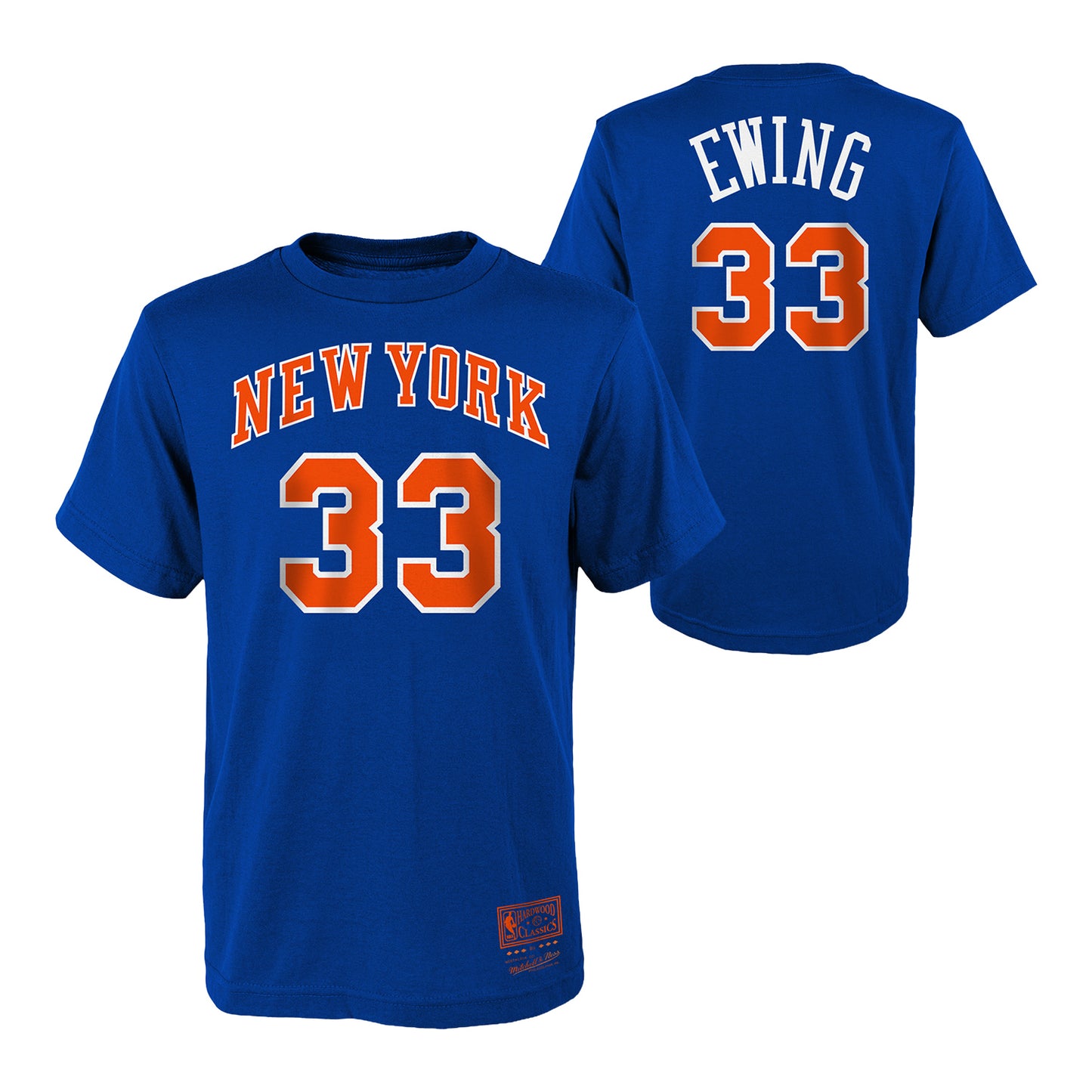 Mitchell & Ness Knicks Youth Patrick Ewing Name & Number Tee In Blue - Front & Back View
