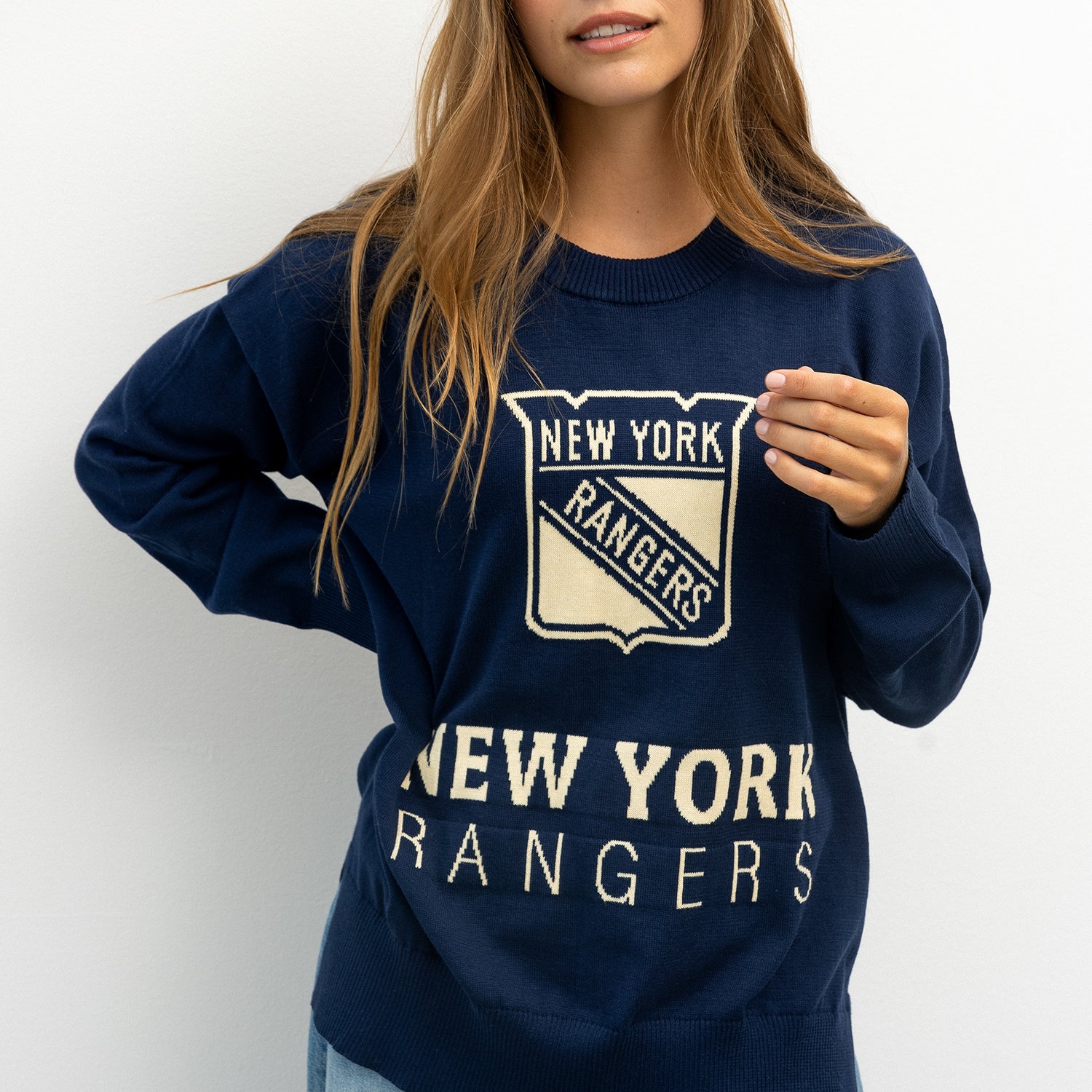 Women's Line Change Rangers Team Logo Knit Sweater - Front Model View
