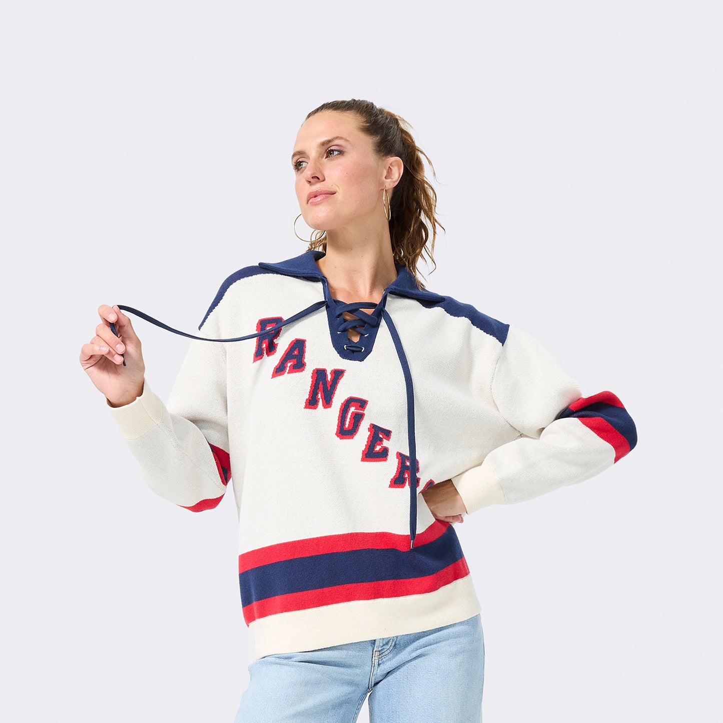 Terez Rangers Hockey Lace Knit Cotton Sweater - Front View