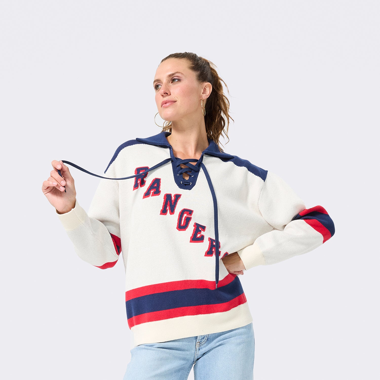 Terez Rangers Hockey Lace Knit Cotton Sweater - Front View