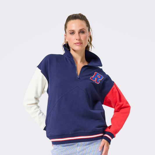 Terez Rangers Classic Cotton Colorblock Quarter Zip Pullover - Front View