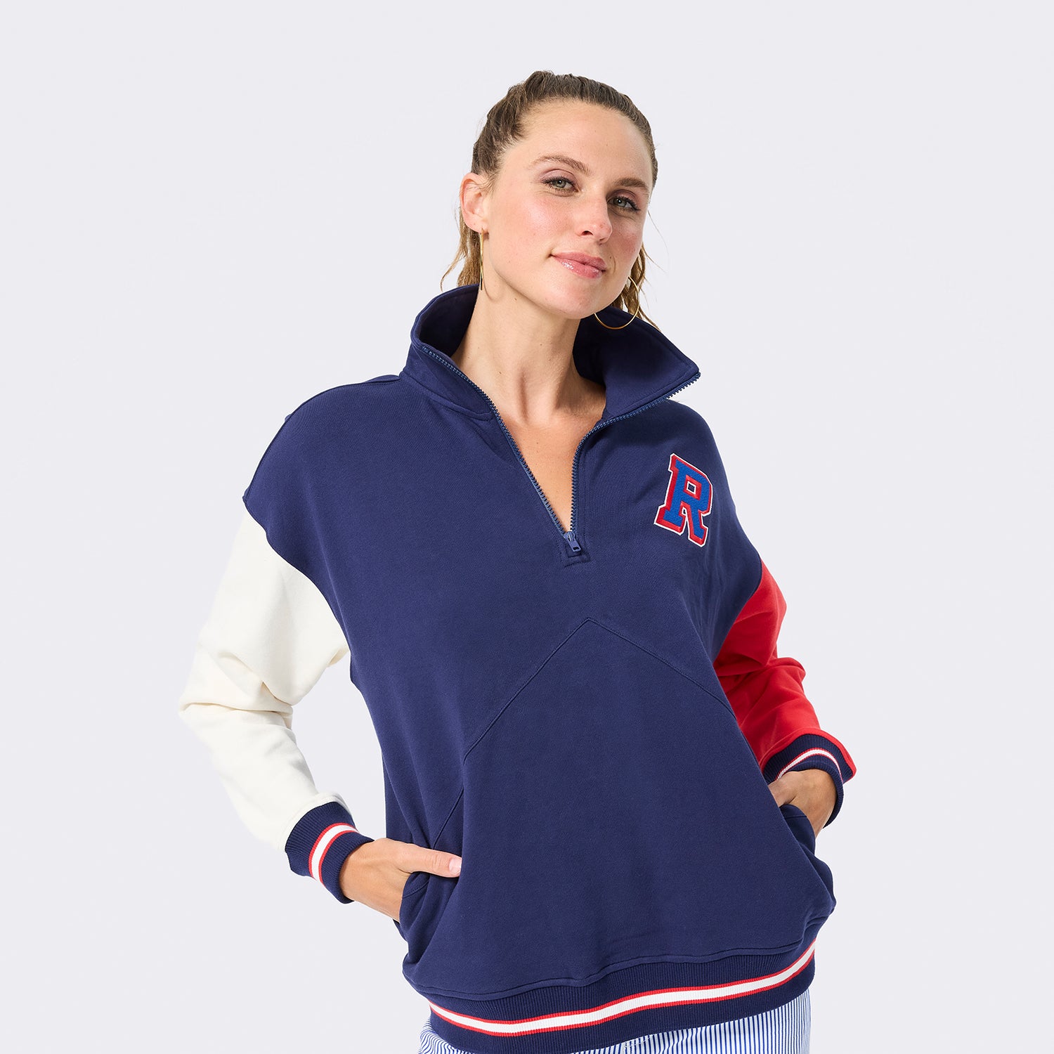 Tロゴ ハイネックジャージ ネイビー/レッド Terez Rangers Classic Cotton Colorblock Quarter Zip Pullover