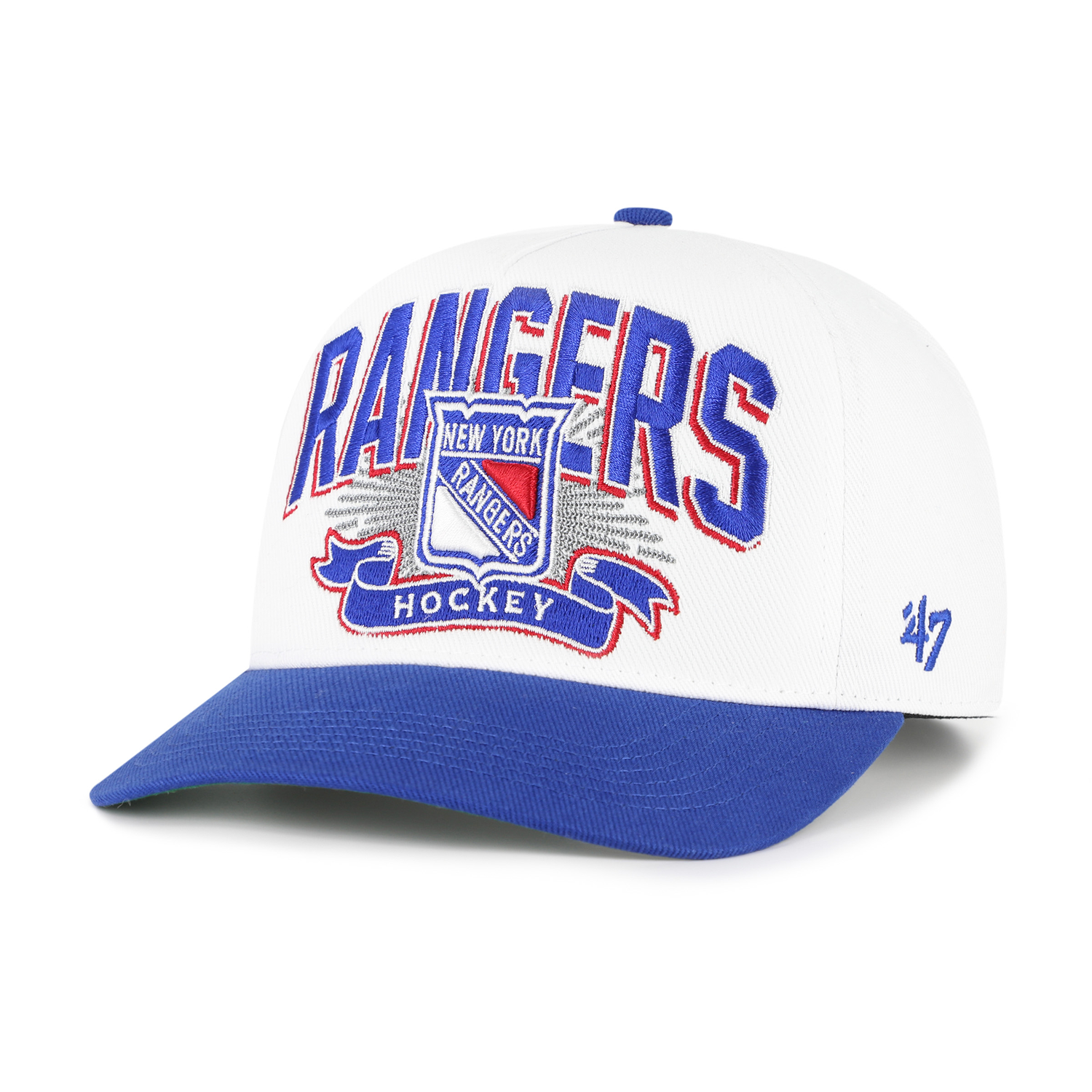 47 Brand Rangers White/Royal Prime Play Hitch - Front Left View