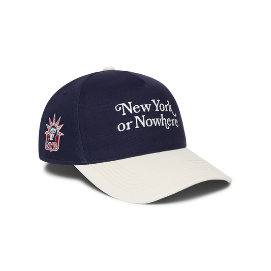 NYON x Rangers Navy/White Motto Snapback - Front Right View