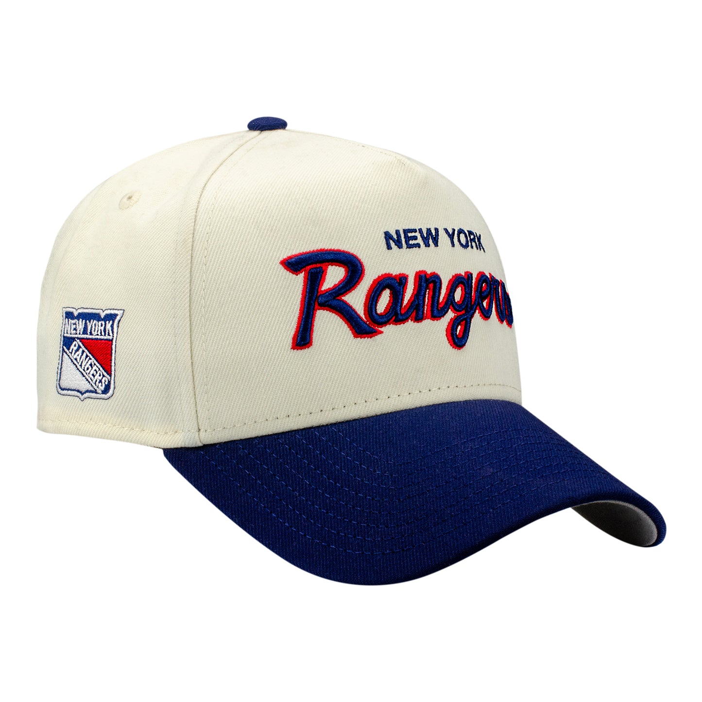 New Era Rangers Script Two-Tone Cream/Navy 940 A-Frame Snapback In White - Front Right View