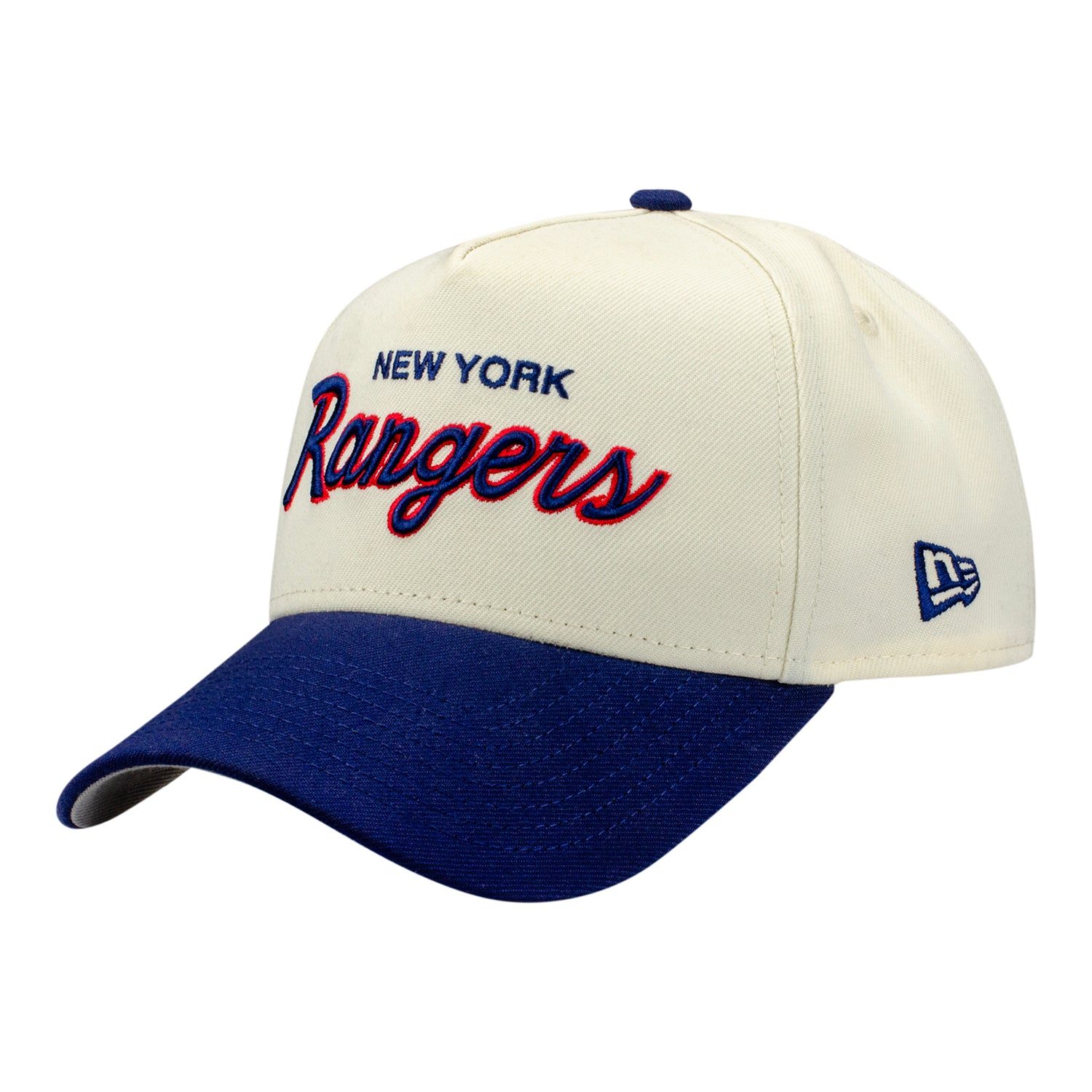 New Era Rangers Script Two-Tone Cream/Navy 940 A-Frame Snapback In White - Front Left View