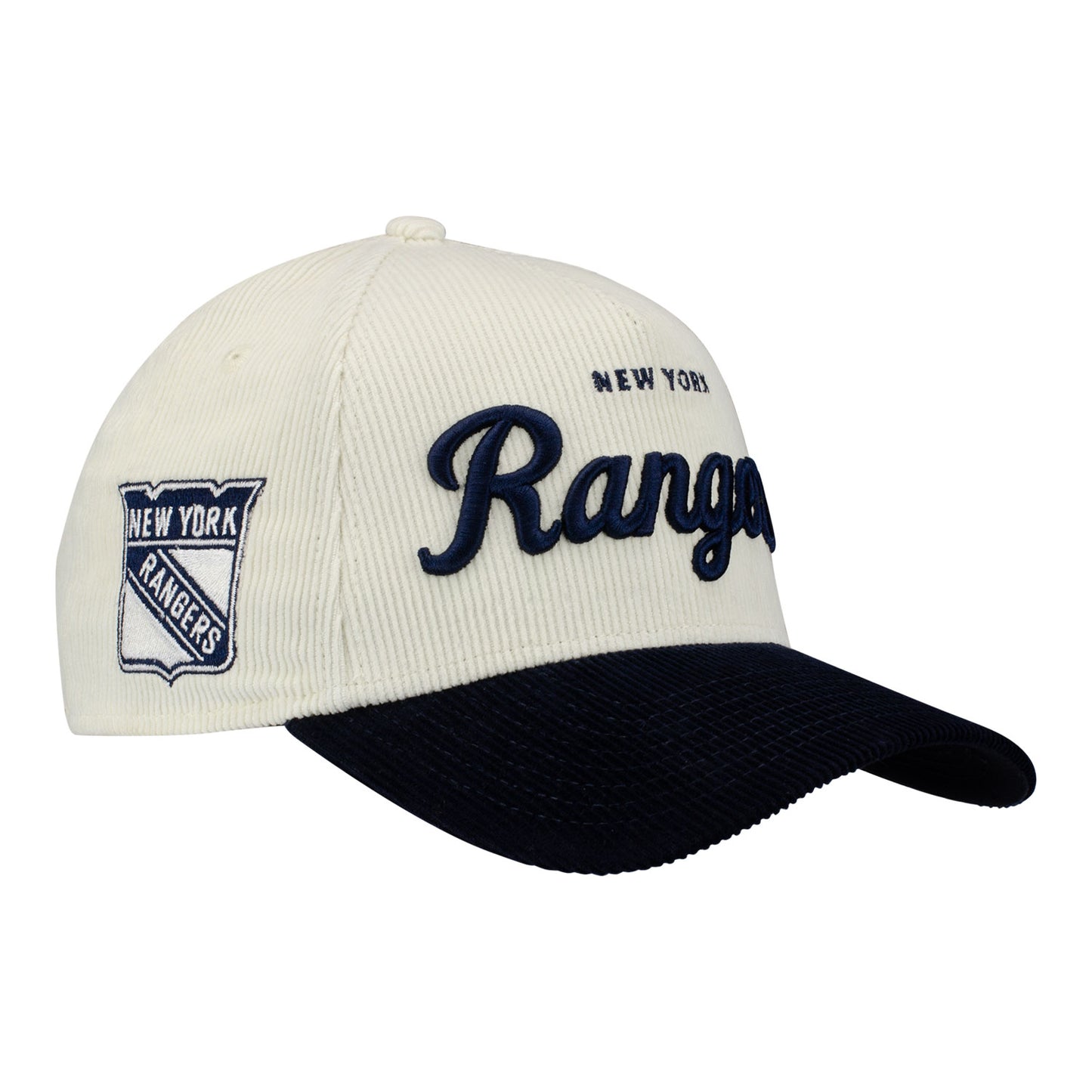 New Era Rangers Exclusive Two-Tone Corduroy Script 940 A-Frame Snapback Hat - Front Right View