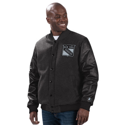 GIII Starter Rangers Wool Leather Tonal Jacket - In Black - Front View