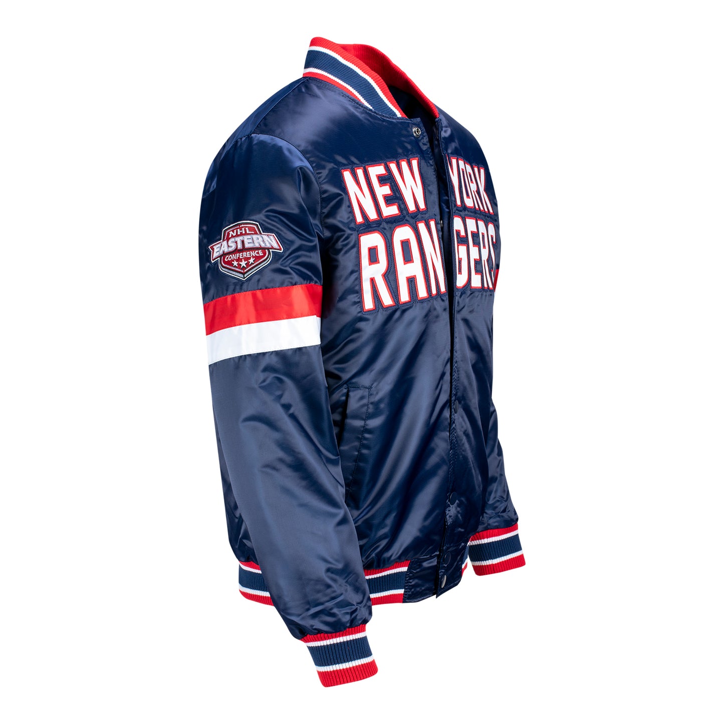 Starter Rangers Home Game Varsity Jacket - Angled Right View