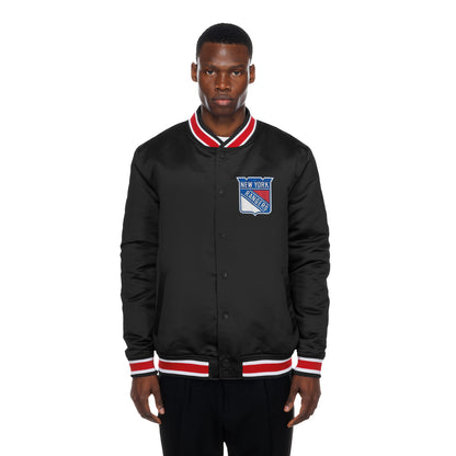 New Era Rangers Sport Classic Snap Front Black Satin Jacket - Front View