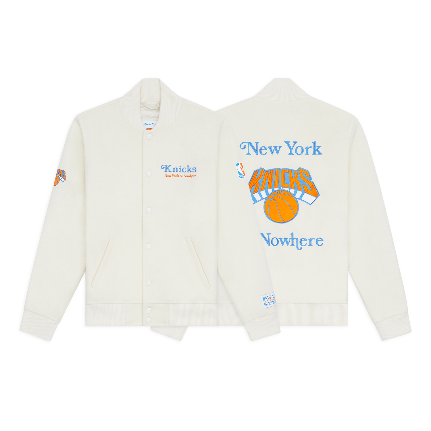 NYON x Knicks Give and Go Cream Varsity Jacket - Full View