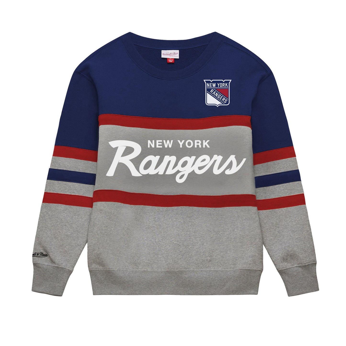 Mitchell & Ness Rangers Grey/Navy Head Coach Fleece Crew - Front View