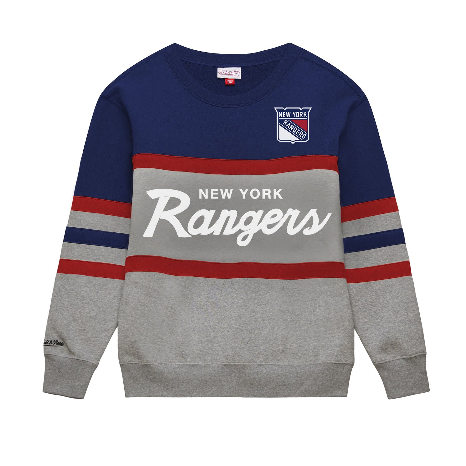 Mitchell & Ness Rangers Grey/Navy Head Coach Fleece Crew - Front View