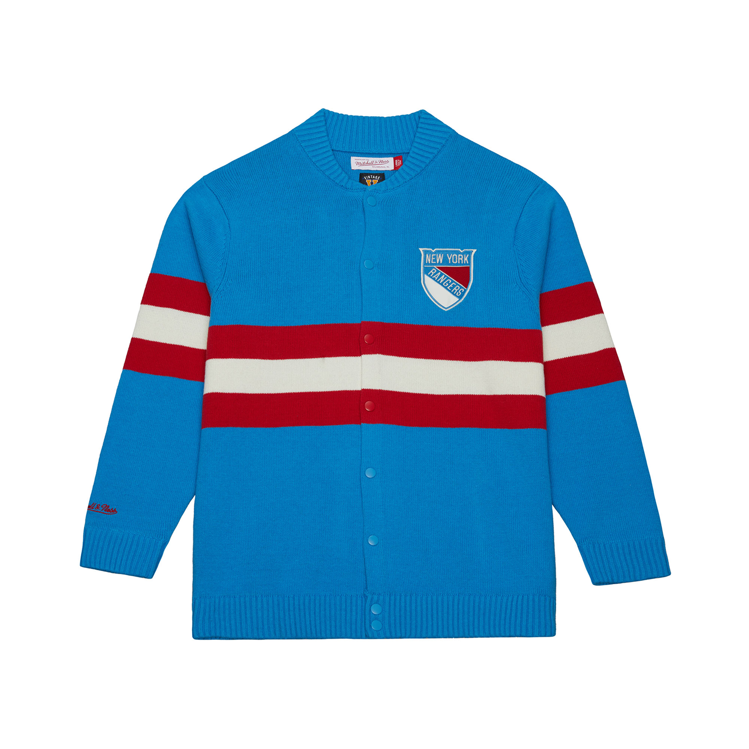 Mitchell & Ness Rangers Centennial Striped Cardigan Sweater In Blue - Front View