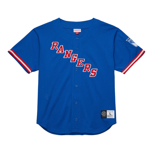 Mitchell & Ness Rangers On the Clock Mesh Button Down Shirt - Front View