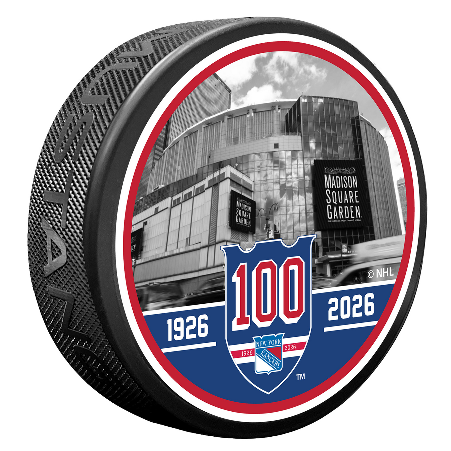 Mustang Rangers Centennial Arena Photo Puck - Front View