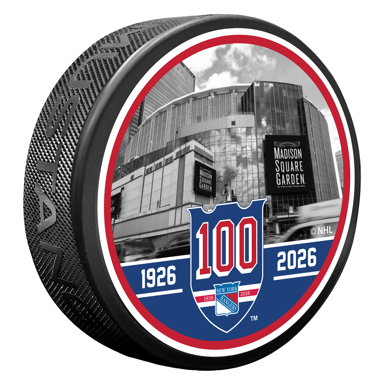 Mustang Rangers Centennial Arena Photo Puck - Front View