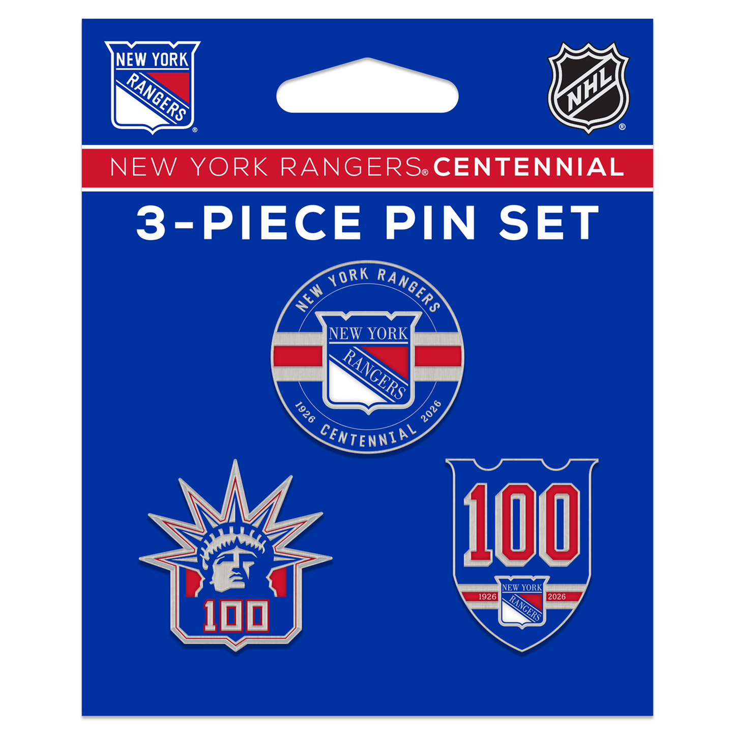 Wincraft Rangers Centennial 3-piece Pin Set - Front View
