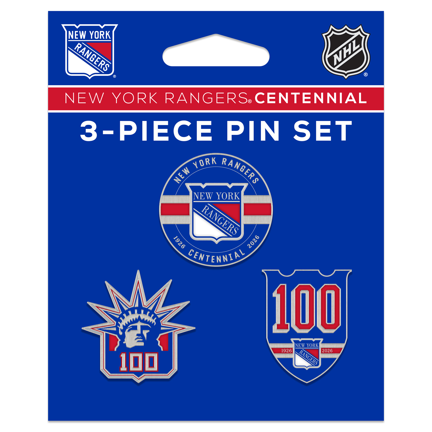 Wincraft Rangers Centennial 3-piece Pin Set - Front View