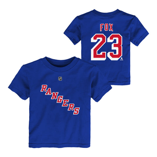 Toddler Rangers Adam Fox Name & Number Tee In Blue - Front & Back View