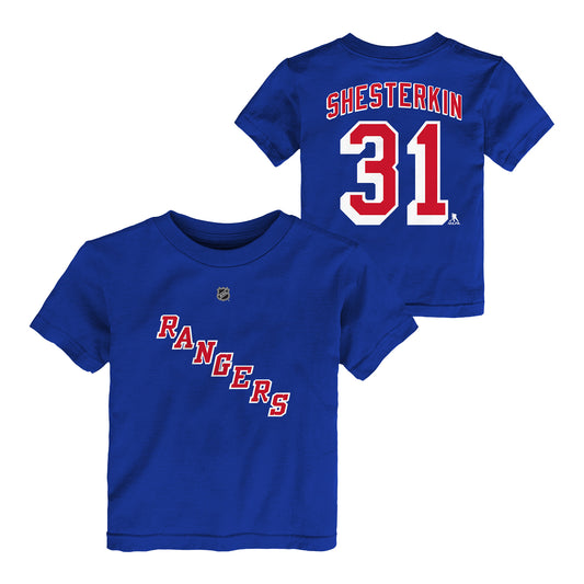 Toddler Rangers Igor Shesterkin Name & Number Tee In Blue - Front & Back View
