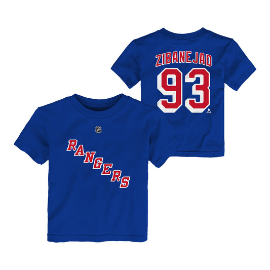 Toddler Rangers Mika Zibanejad Name & Number Tee In Blue - Front & Back View