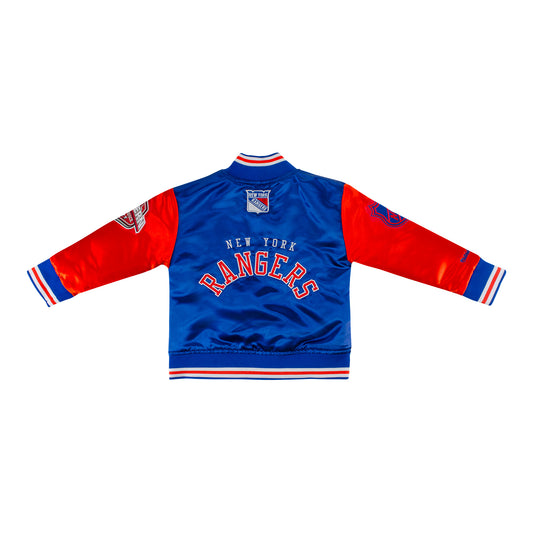 Toddler Mitchell & Ness Rangers Primetime Heavyweight Satin Jacket In Blue - Back View