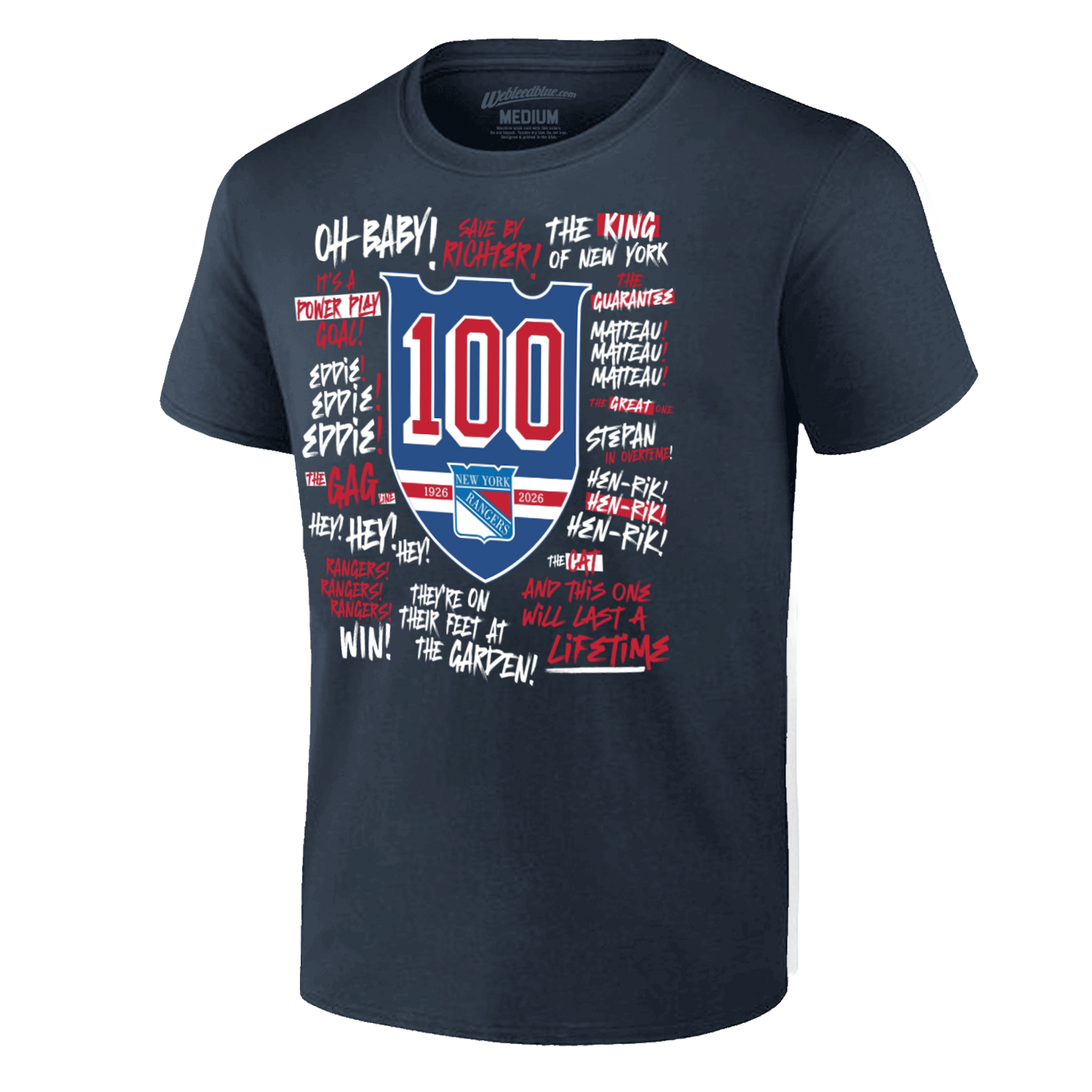 Youth We Bleed Blue Centennial Navy Tee - Front View