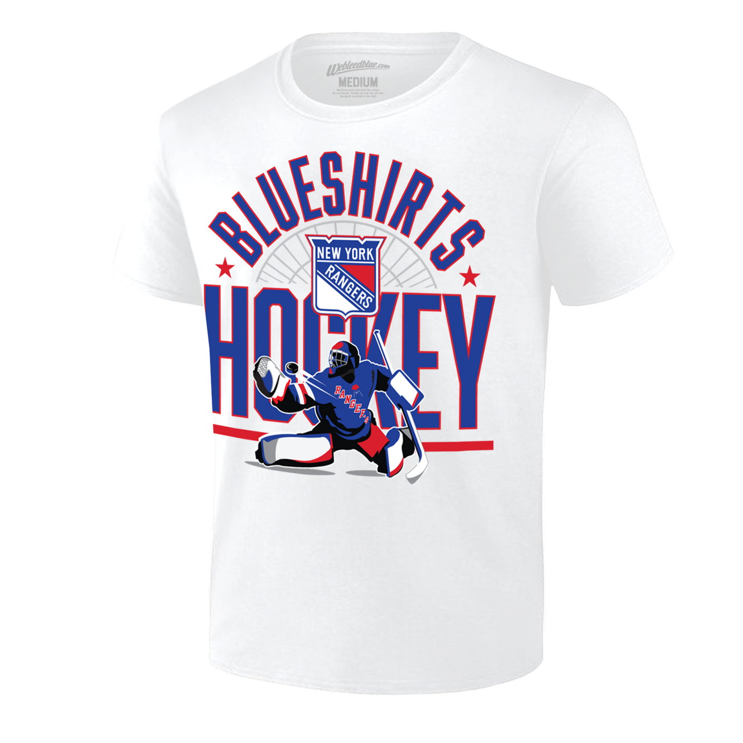 Youth We Bleed Blue Blueshirts Hockey Goalie Tee - Front View