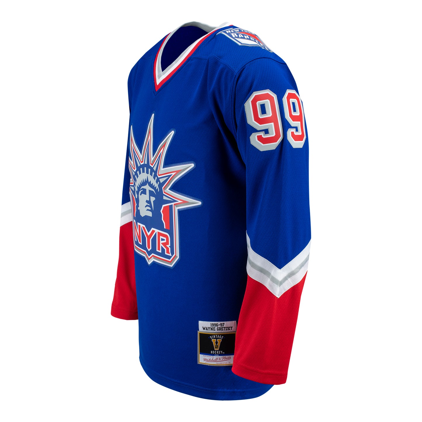 Mitchell & Ness Rangers Wayne Gretzky 1996 Alternate Jersey In Blue - Angled Left View