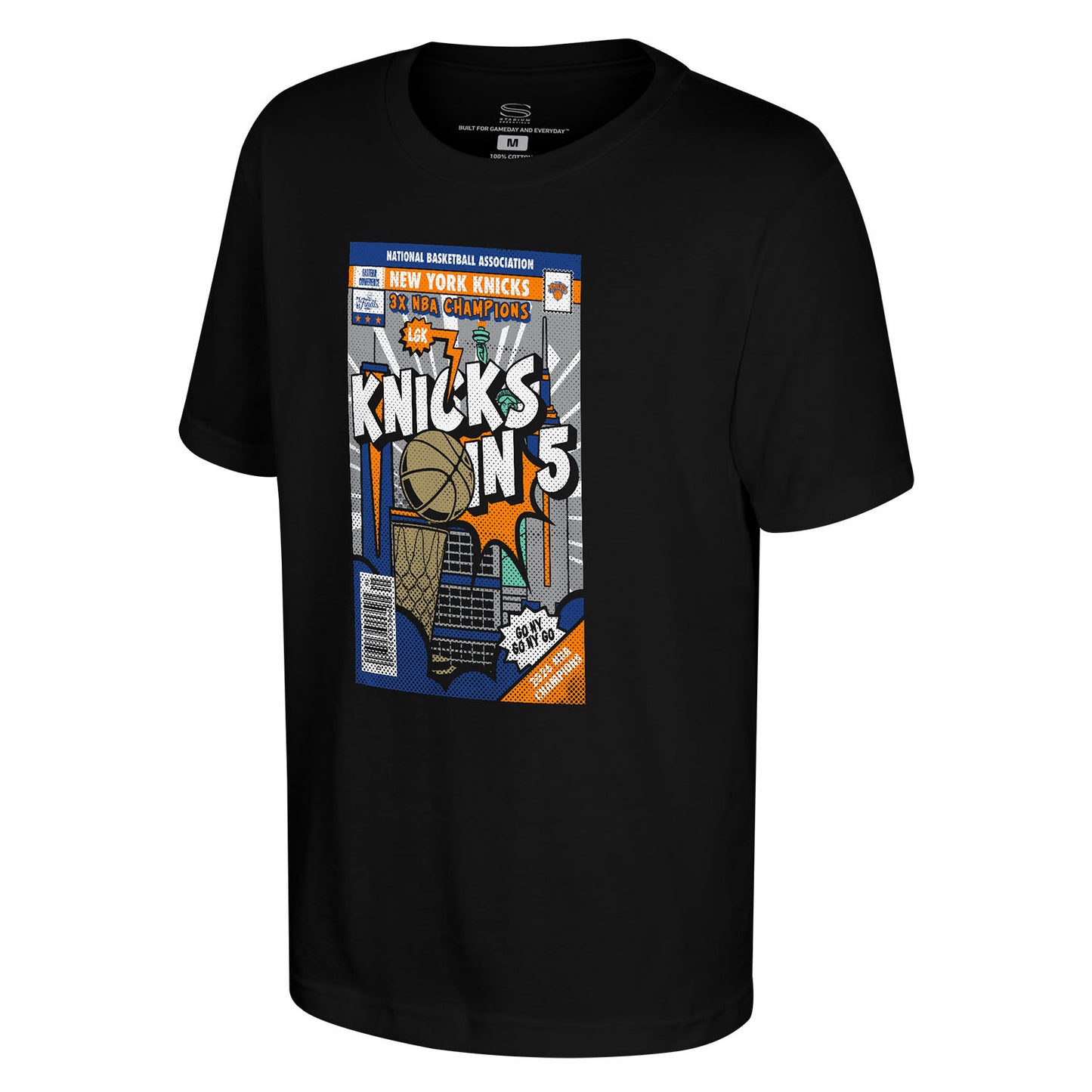 Youth Stadium Essentials Knicks 2026 NBA Champions "Knicks in 5" Comic Book Tee