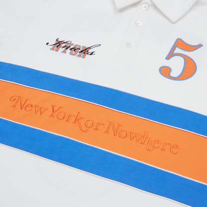 NYON x Knicks Bouroughs Cream Rubgy Longsleeve Tee - Up Close Front View