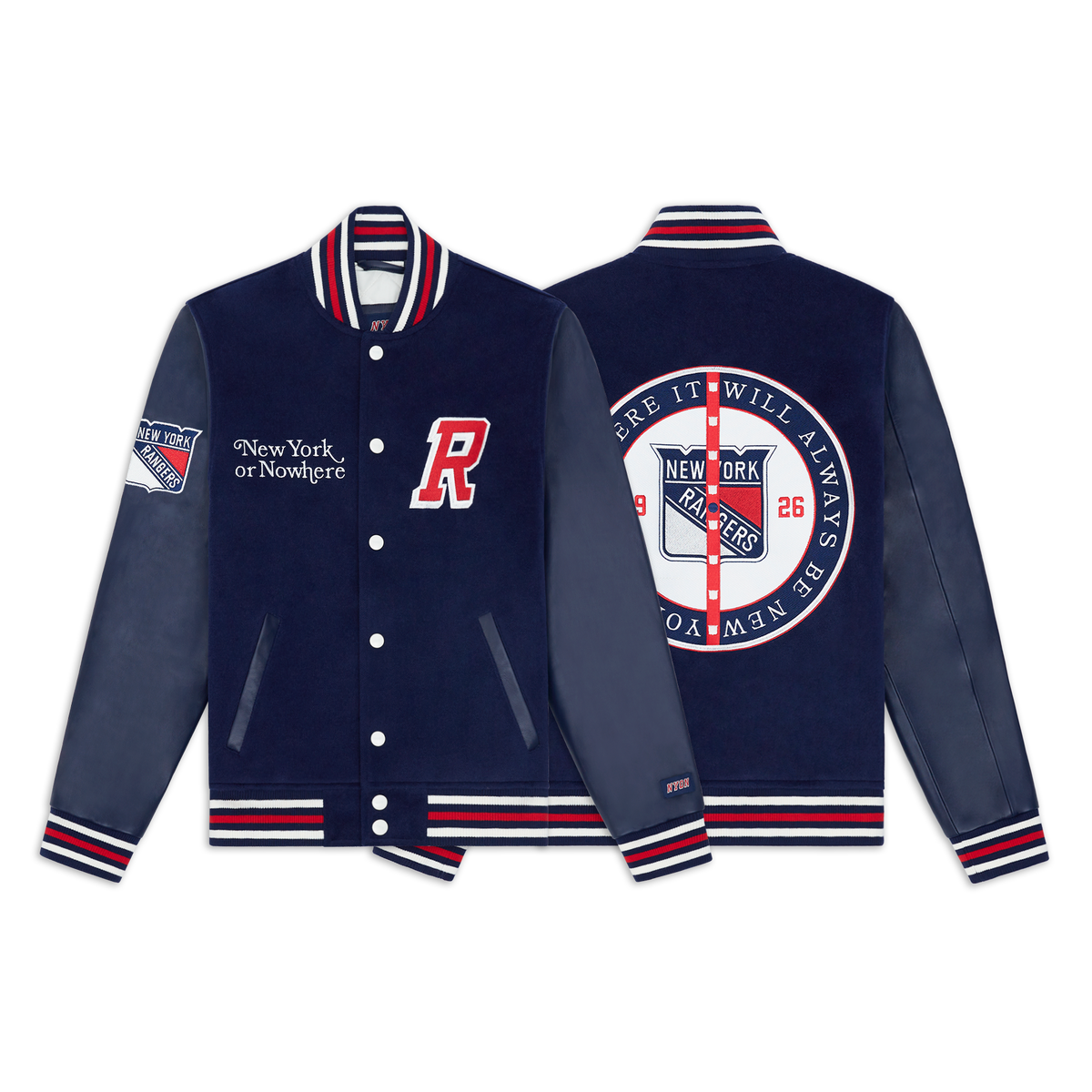 NYON x Rangers Navy Faceoff Varsity Jacket