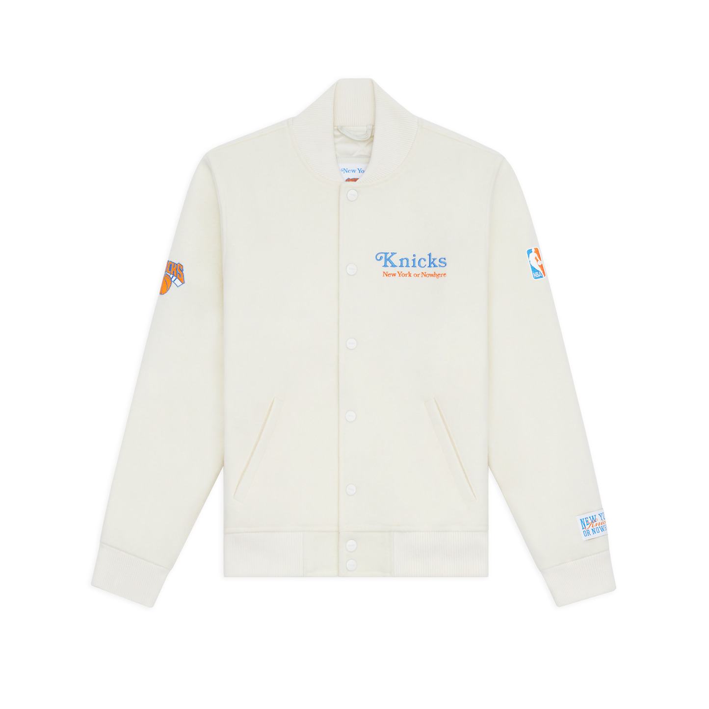 NYON x Knicks Give and Go Cream Varsity Jacket