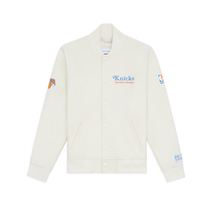 NYON x Knicks Give and Go Cream Varsity Jacket