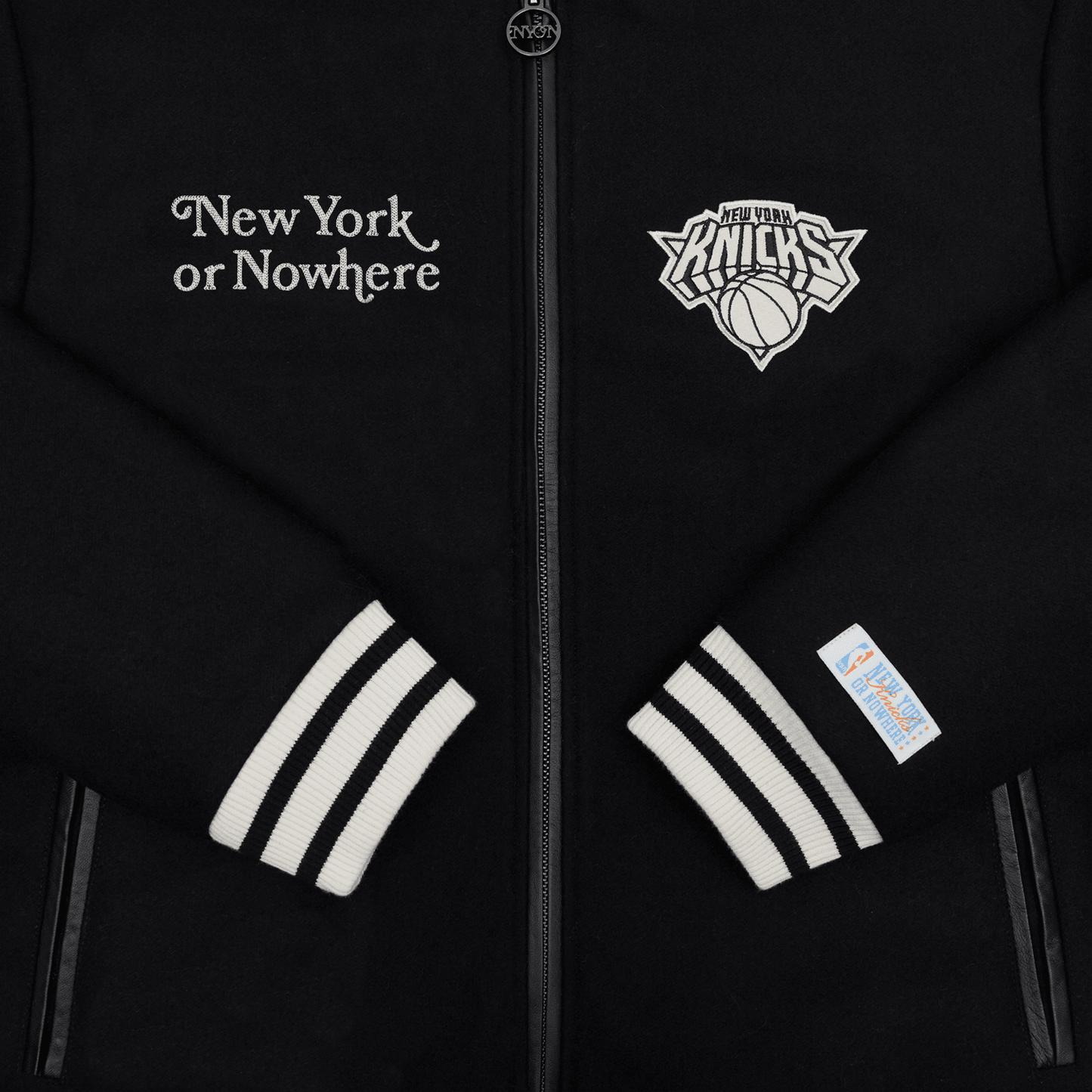 NYON x Knicks Motto Always Varsity Wool Jacket - Up Close Front View