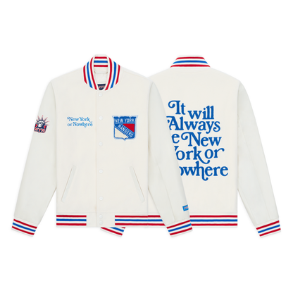 NYON x Rangers Cream Motto Varsity Jacket
