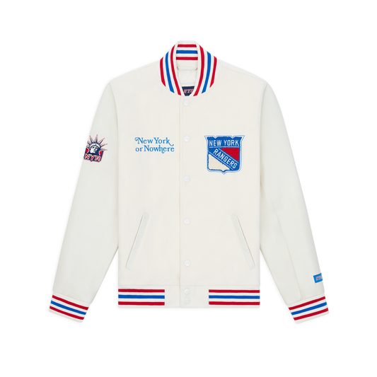 NYON x Rangers Cream Motto Varsity Jacket