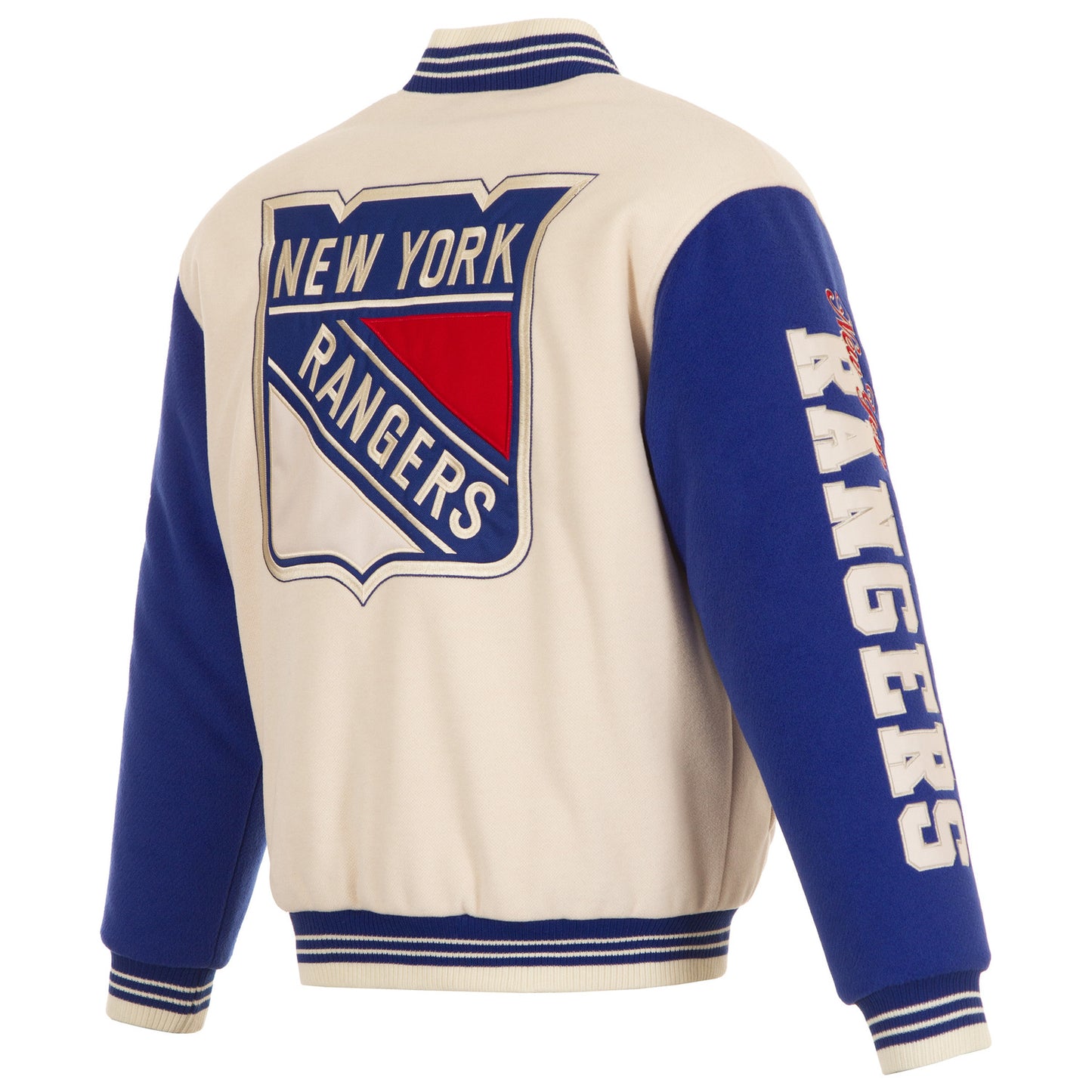 JH Design Rangers All Wool Two Tone Cream/Royal Reversible Varsity Jacket