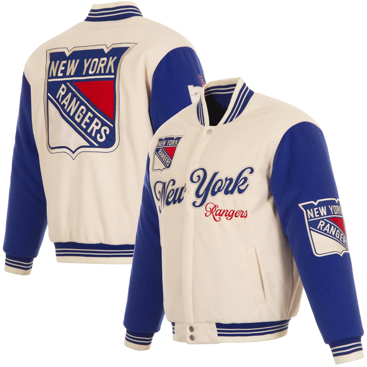 JH Design Rangers All Wool Two Tone Cream/Royal Reversible Varsity Jacket