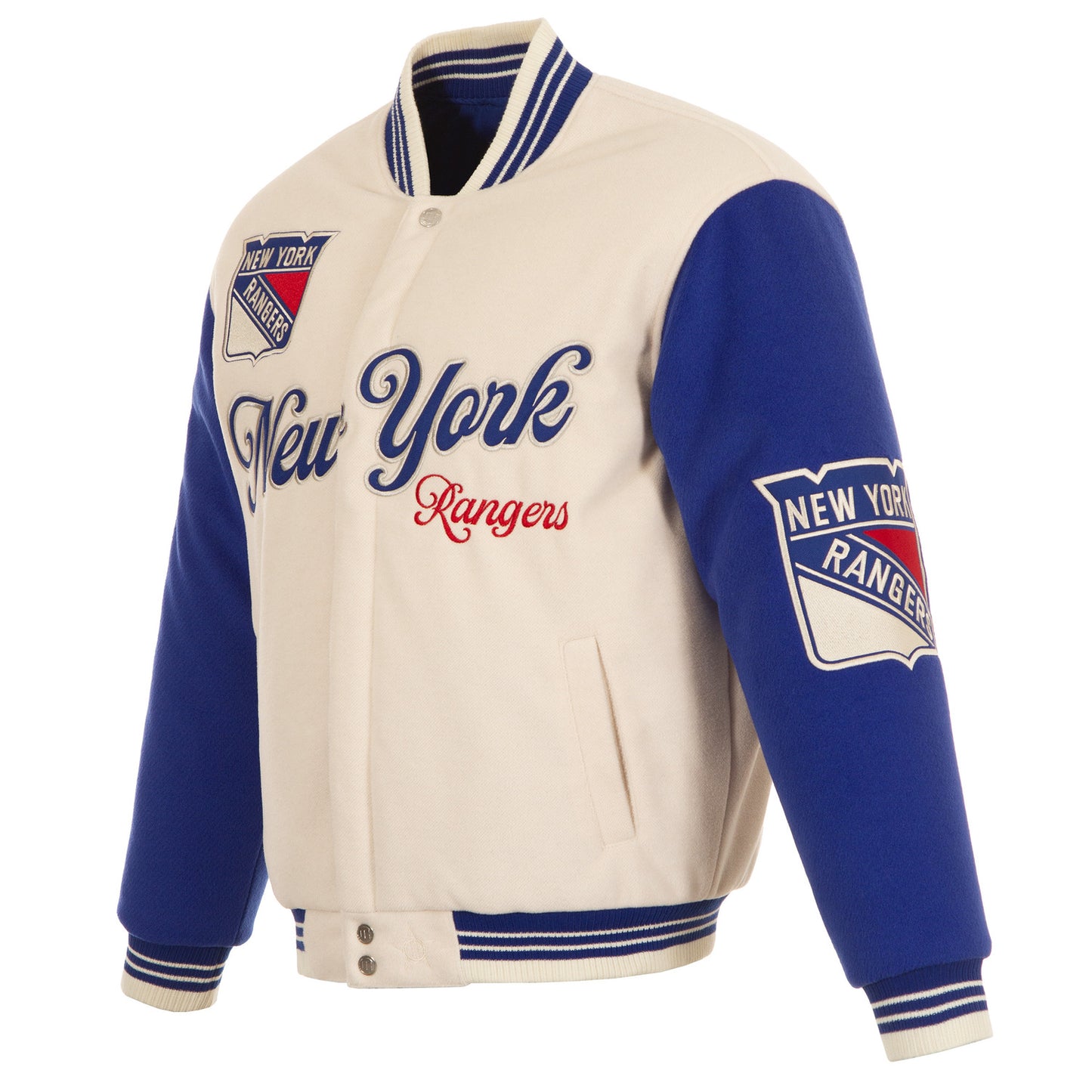 JH Design Rangers All Wool Two Tone Cream/Royal Reversible Varsity Jacket