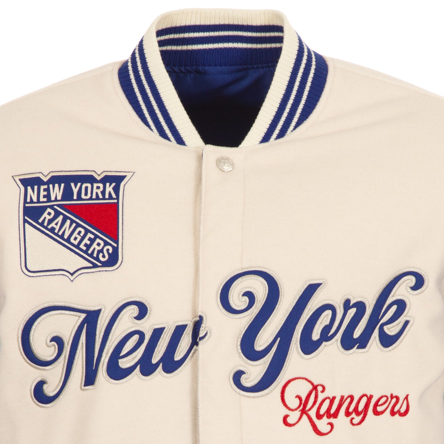 JH Design Rangers All Wool Two Tone Cream/Royal Reversible Varsity Jacket