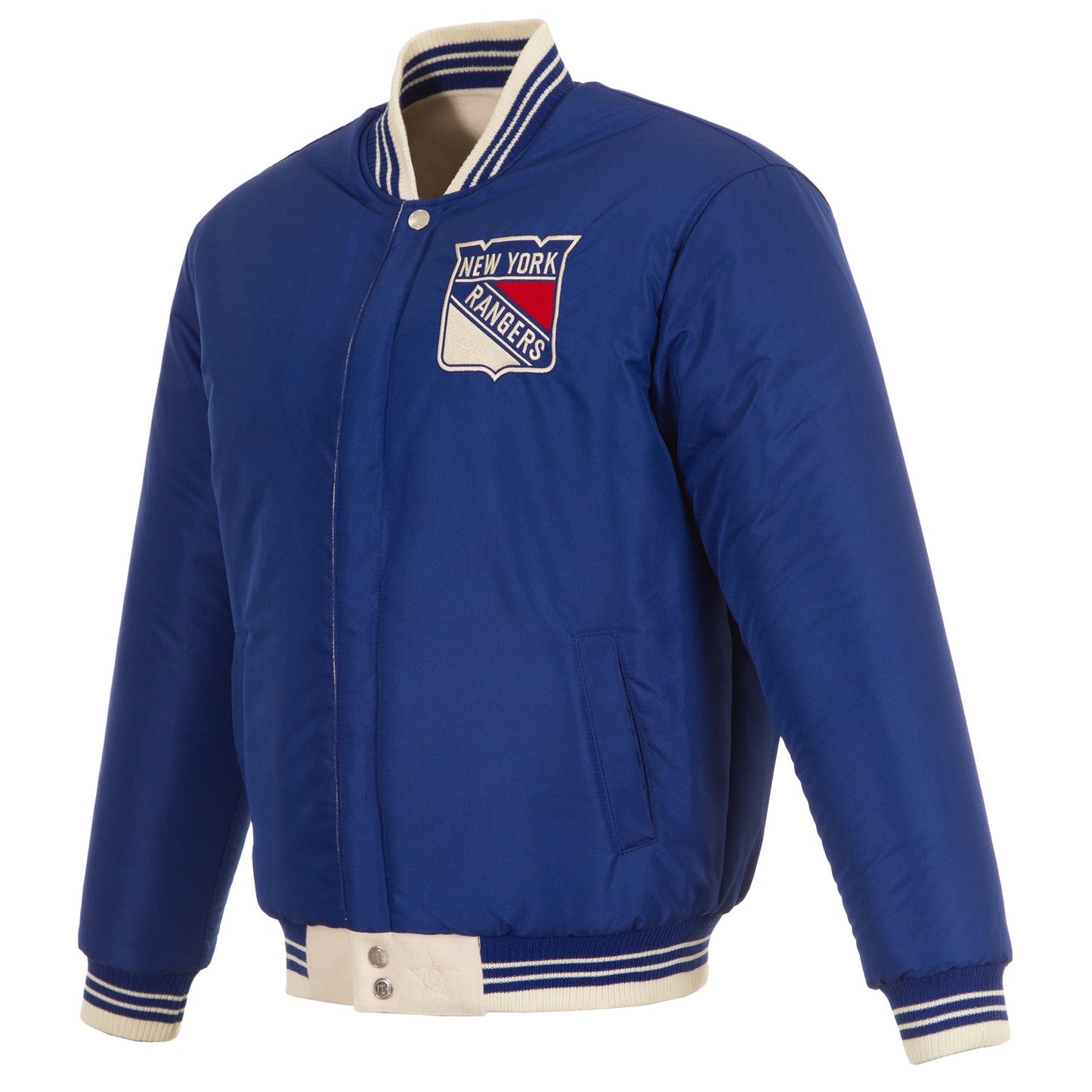 JH Design Rangers All Wool Two Tone Cream/Royal Reversible Varsity Jacket