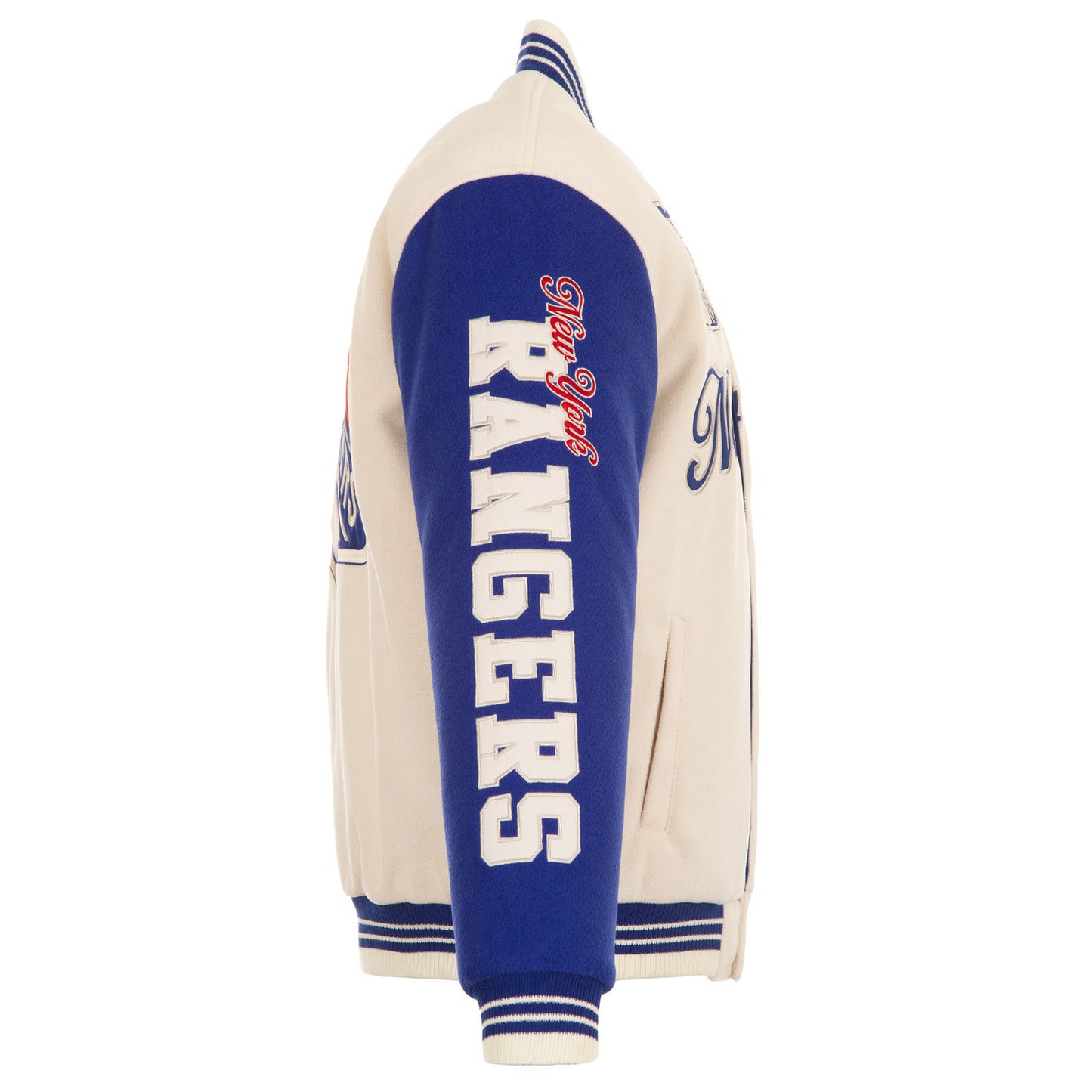 JH Design Rangers All Wool Two Tone Cream/Royal Reversible Varsity Jacket