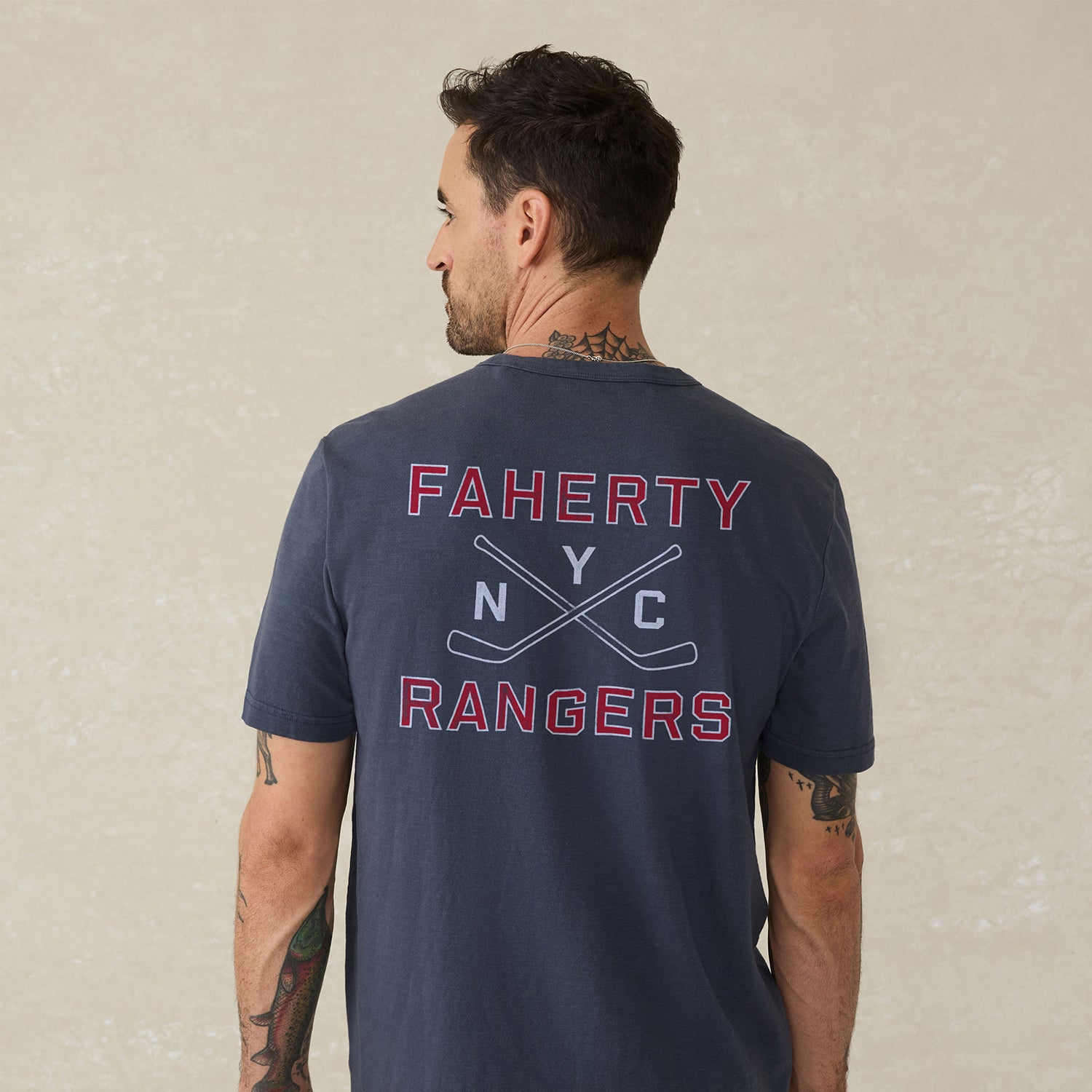Faherty Rangers Navy NYC Pocket Sunwashed Tee - Back View