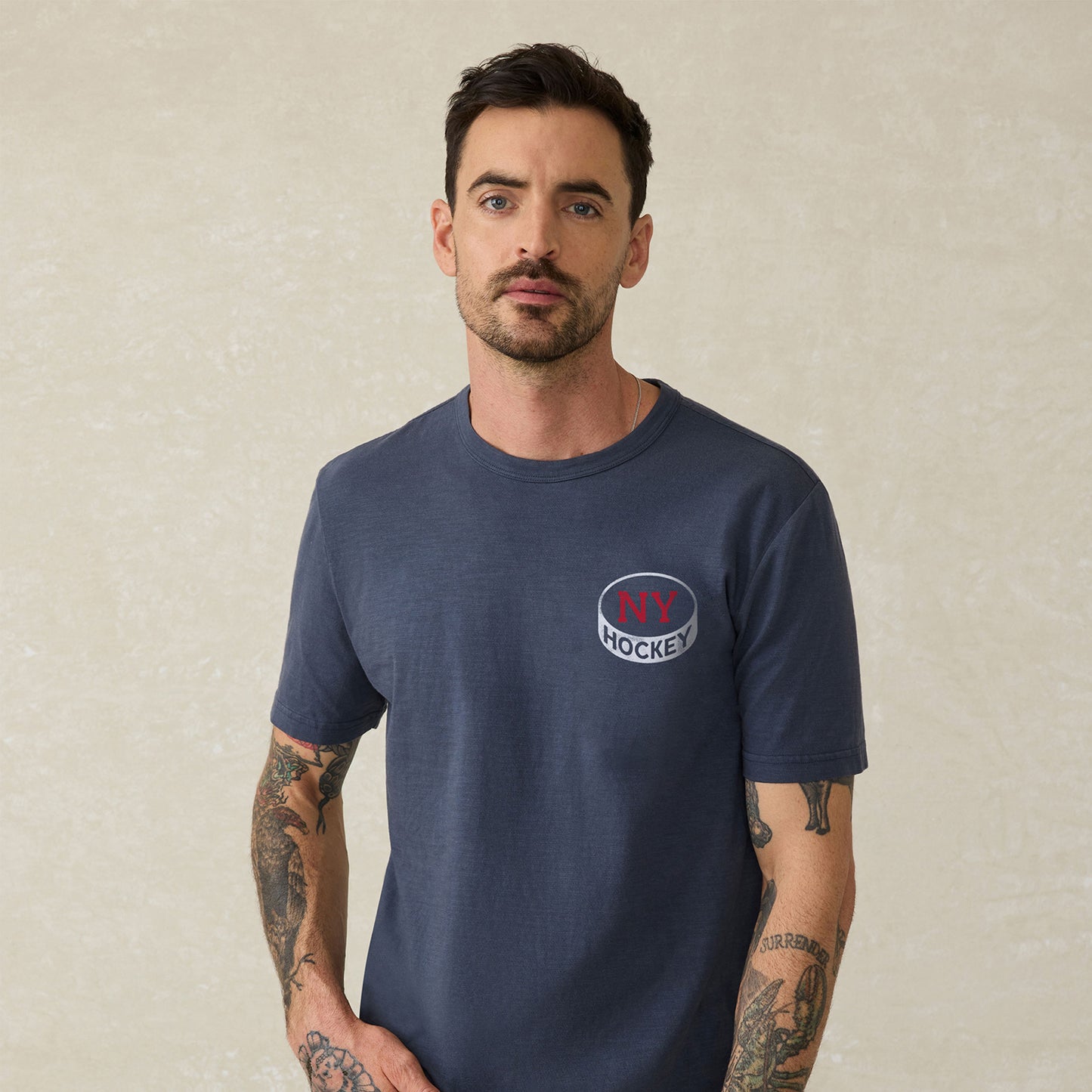 Faherty Rangers Navy NYC Pocket Sunwashed Tee - Front View