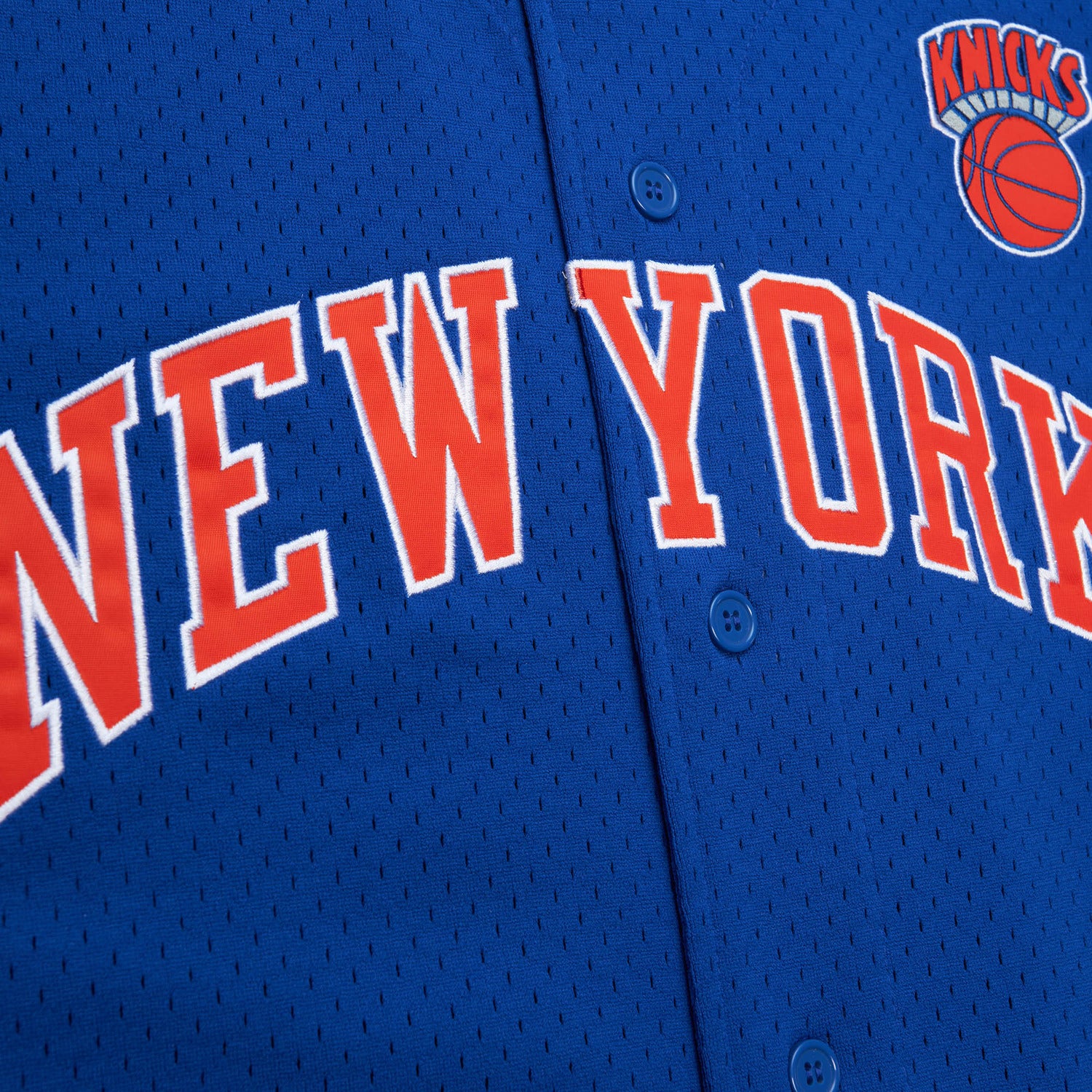 Mitchell & Ness Knicks On the Clock Mesh Button Down Shirt - Up Close Front View